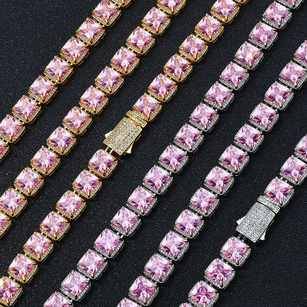 Custom 10mm Pink Baguette Sugar Link Necklace & Bracelet Hip Hop Bling | Caratix - CaratixJewelry